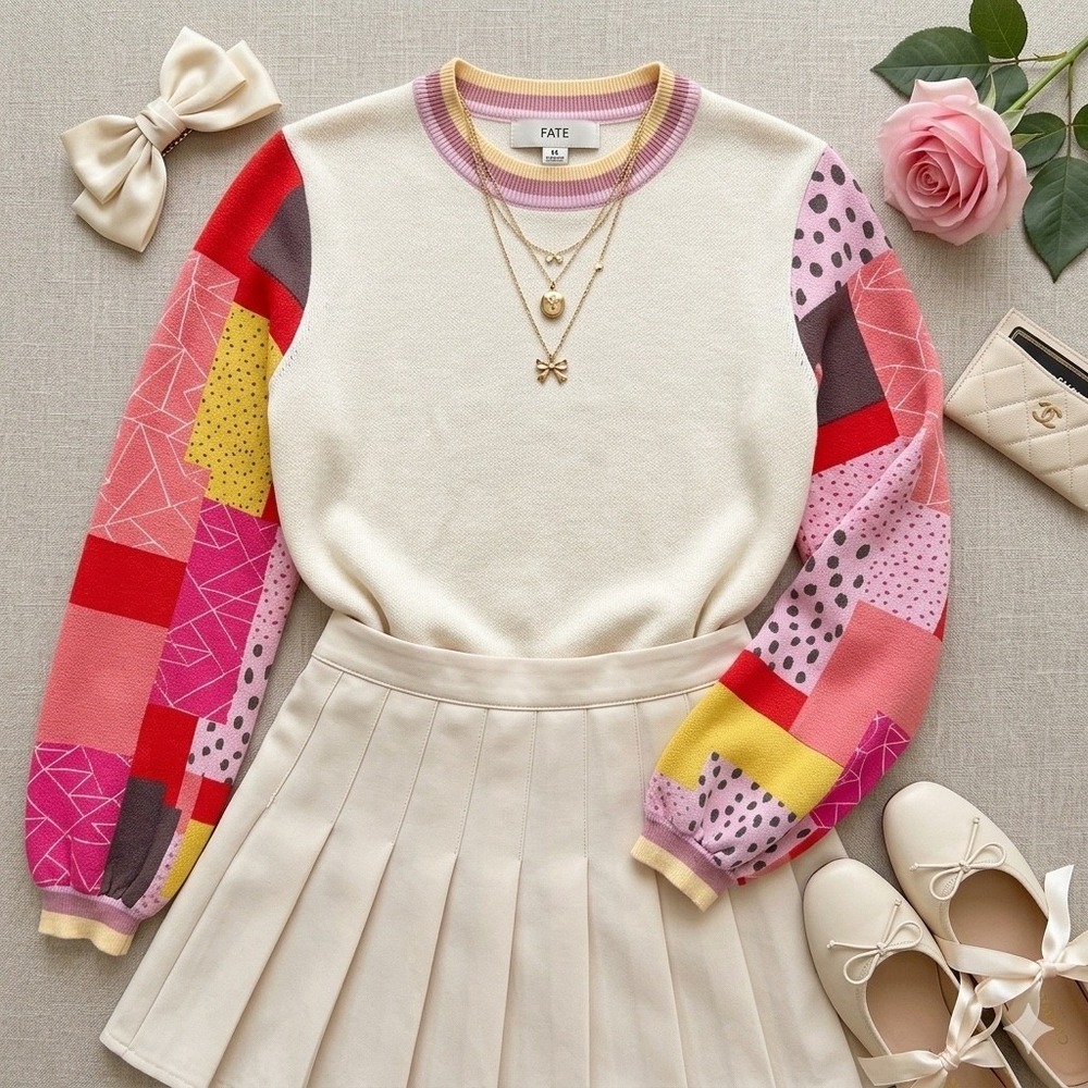 Fate Patchwork Balloon Sleeve Sweater M Dopamine Dressing Whimsical Quirky Knit